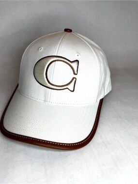 NWT Coach White Organic Cotton Baseball Cap Hat Leather Trim Embroidered C Logo